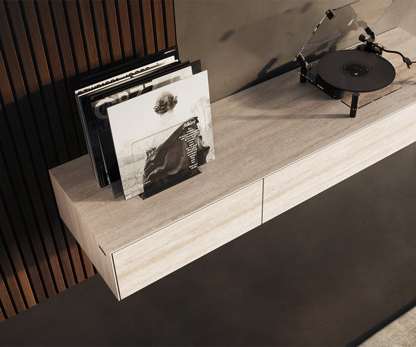 Floating TV Stand Cuor 150cm Ceramic Travertino Bianco 1 Flap Door 1 Drawer