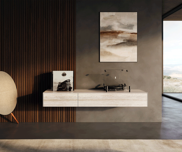 Floating TV Stand Cuor 150cm Ceramic Travertino Bianco 1 Flap Door 1 Drawer