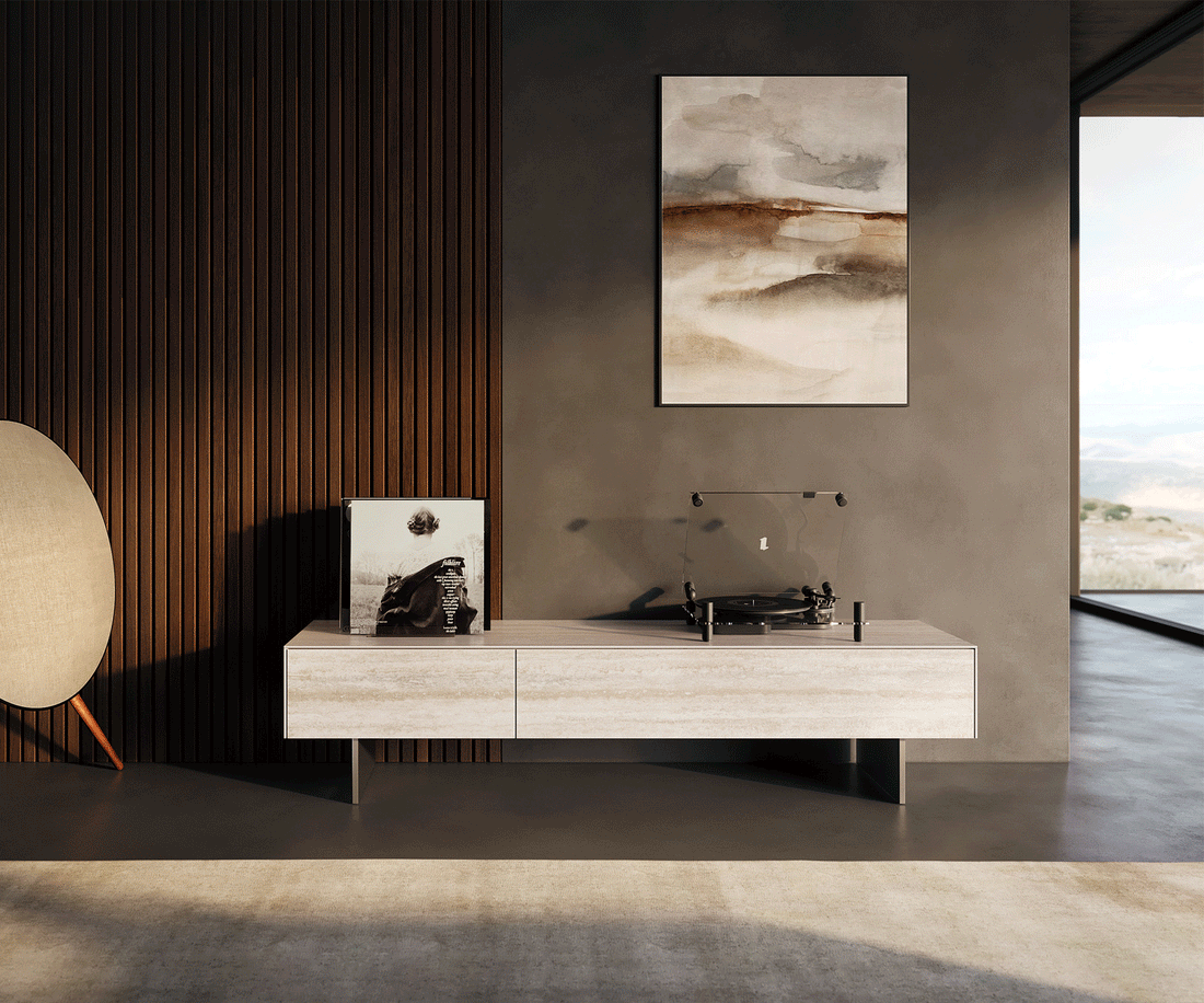 TV Stand Cuor 150cm Ceramic Travertino Bianco 1 Flap Door 1 Drawer Narrow Feet Silver