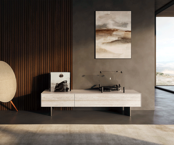 TV Stand Cuor 150cm Ceramic Travertino Bianco 1 Flap Door 1 Drawer Narrow Feet Silver