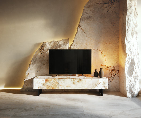 TV Stand Cuor 150cm Ceramic Minas Melange 1 Flap Door 1 Drawer Narrow Feet Black