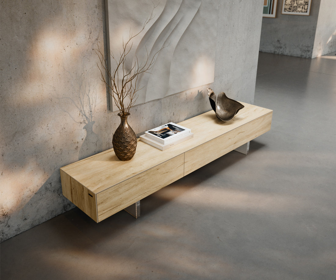 TV Stand Cuor 200cm Ceramic Sabbia Oak 1 Flap Door 1 Drawer Acryl Feet