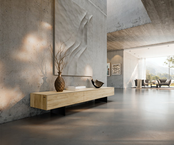 TV Stand Cuor 200cm Ceramic Sabbia Oak 1 Flap Door 1 Drawer Narrow Feet Black