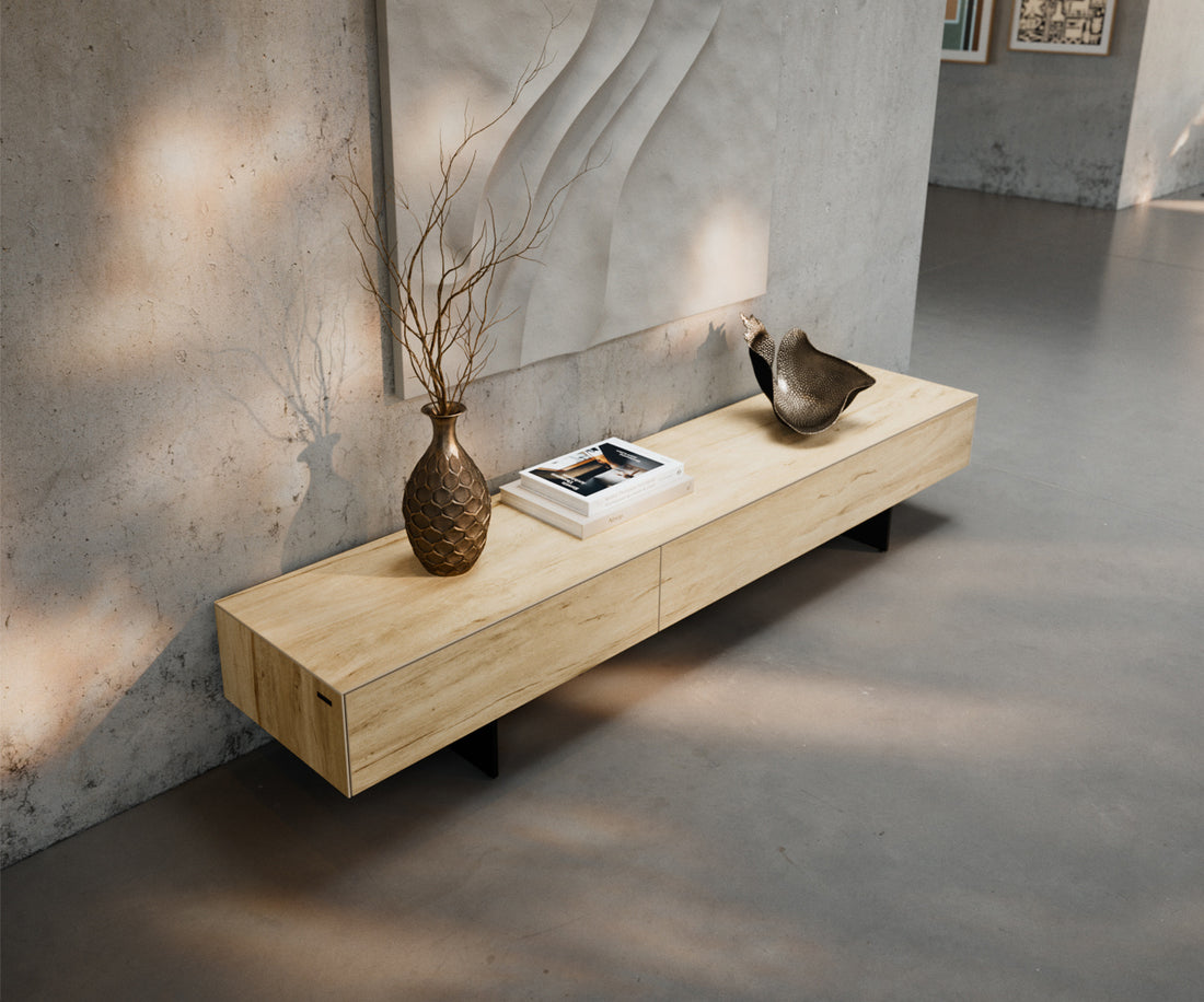 TV Stand Cuor 200cm Ceramic Sabbia Oak 1 Flap Door 1 Drawer Narrow Feet Black