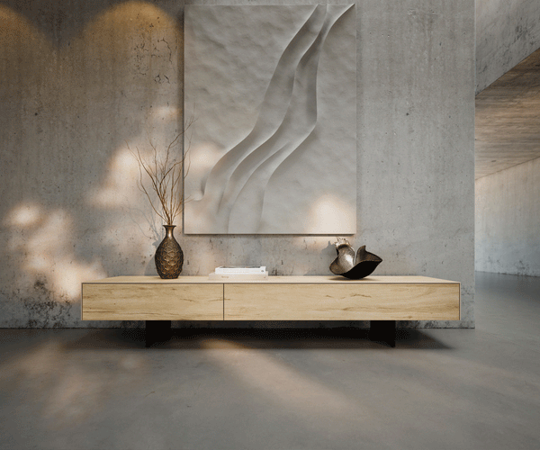 TV Stand Cuor 200cm Ceramic Sabbia Oak 1 Flap Door 1 Drawer Narrow Feet Black