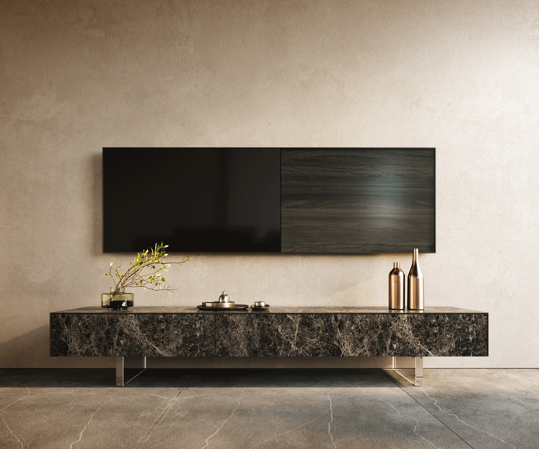 TV Stand Cuor 200cm Ceramic Emperador Extra Lucidato 1 Flap Door 1 Drawer Acryl Feet