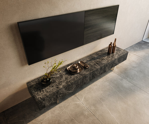 TV Stand Cuor 200cm Ceramic Emperador Extra Lucidato 1 Flap Door 1 Drawer Acryl Feet