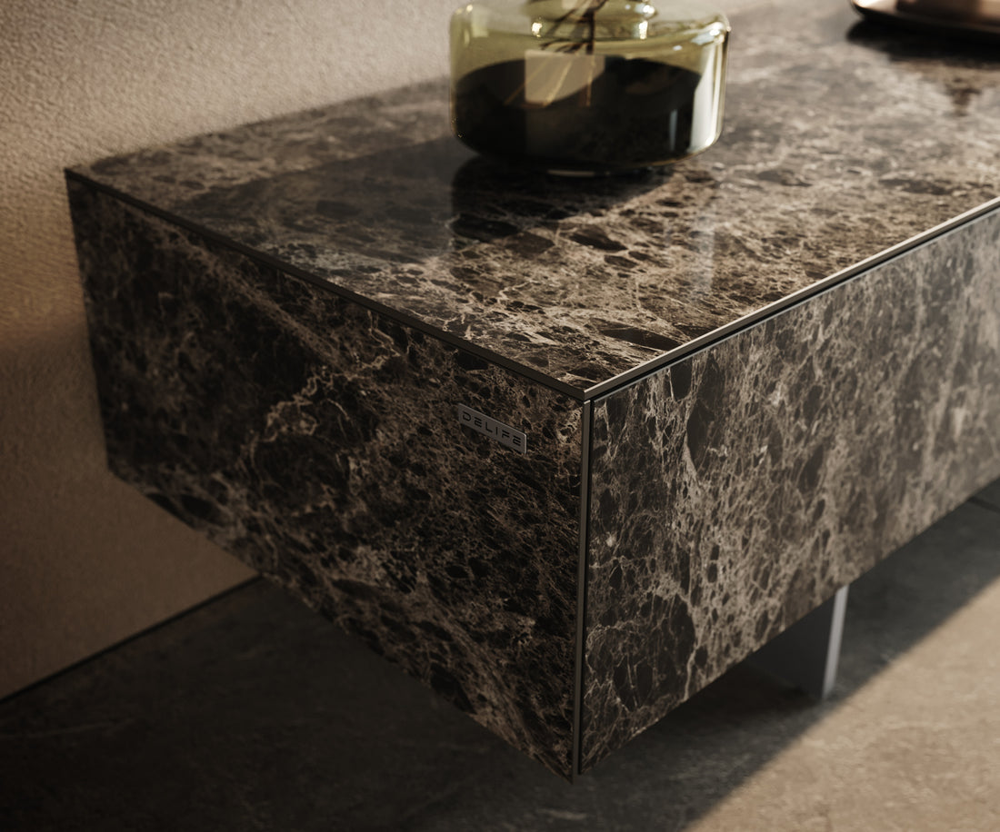 TV Stand Cuor 200cm Ceramic Emperador Extra Lucidato 1 Flap Door 1 Drawer Narrow Feet Silver