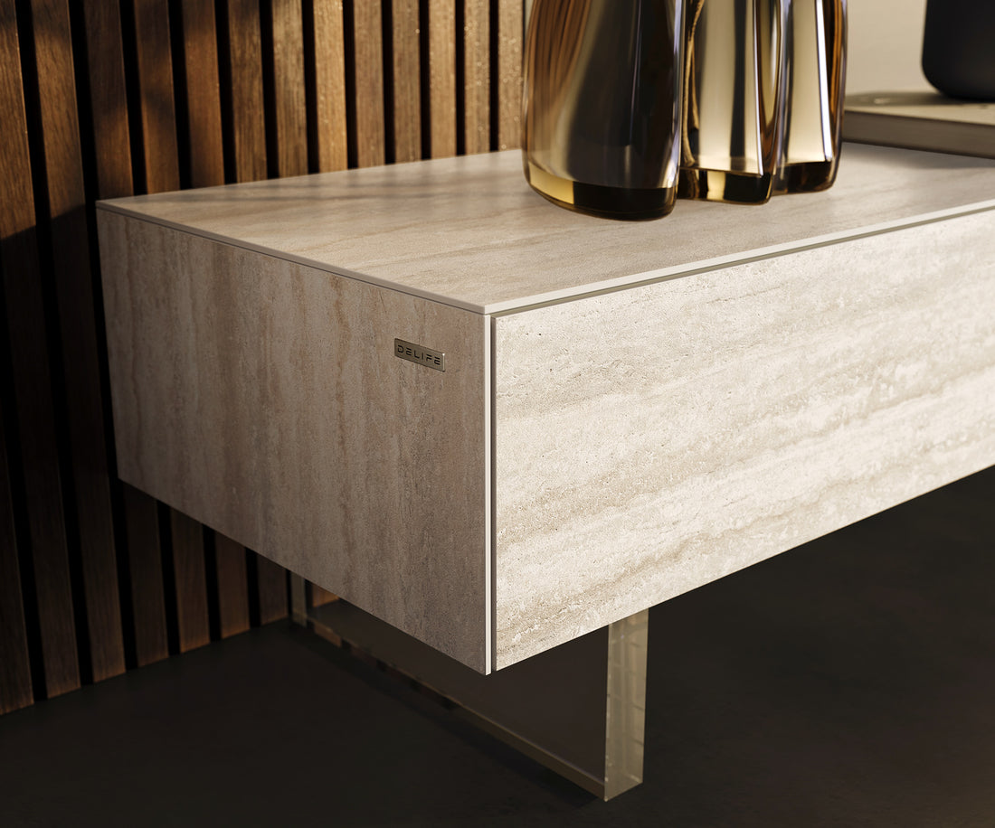 TV Stand Cuor 200cm Ceramic Travertino Bianco 1 Flap Door 1 Drawer Acryl Feet