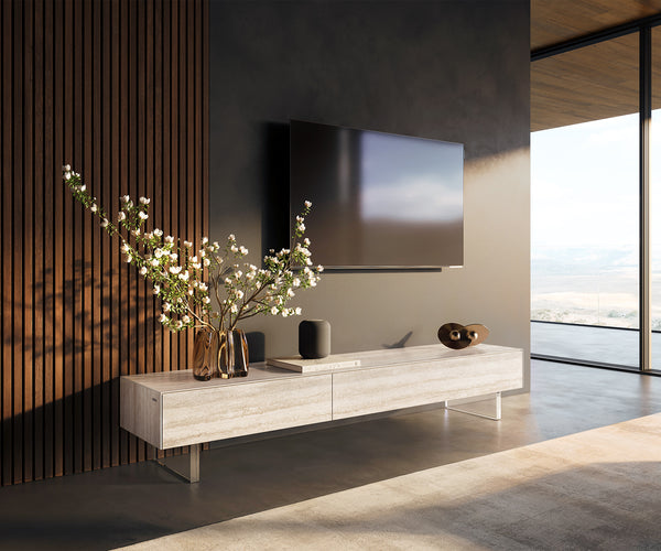 TV Stand Cuor 200cm Ceramic Travertino Bianco 1 Flap Door 1 Drawer Acryl Feet