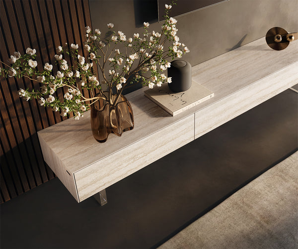 TV Stand Cuor 200cm Ceramic Travertino Bianco 1 Flap Door 1 Drawer Acryl Feet