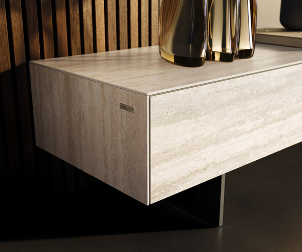 TV Stand Cuor 200cm Ceramic Travertino Bianco 1 Flap Door 1 Drawer Narrow Feet Black