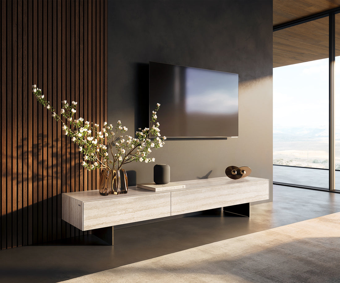 TV Stand Cuor 200cm Ceramic Travertino Bianco 1 Flap Door 1 Drawer Narrow Feet Black