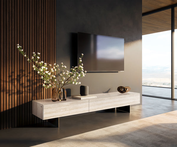 TV Stand Cuor 200cm Ceramic Travertino Bianco 1 Flap Door 1 Drawer Narrow Feet Black