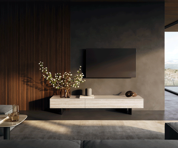 TV Stand Cuor 200cm Ceramic Travertino Bianco 1 Flap Door 1 Drawer Narrow Feet Black