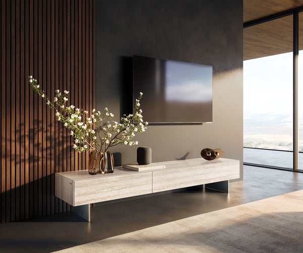 TV Stand Cuor 200cm Ceramic Travertino Bianco 1 Flap Door 1 Drawer Narrow Feet Silver