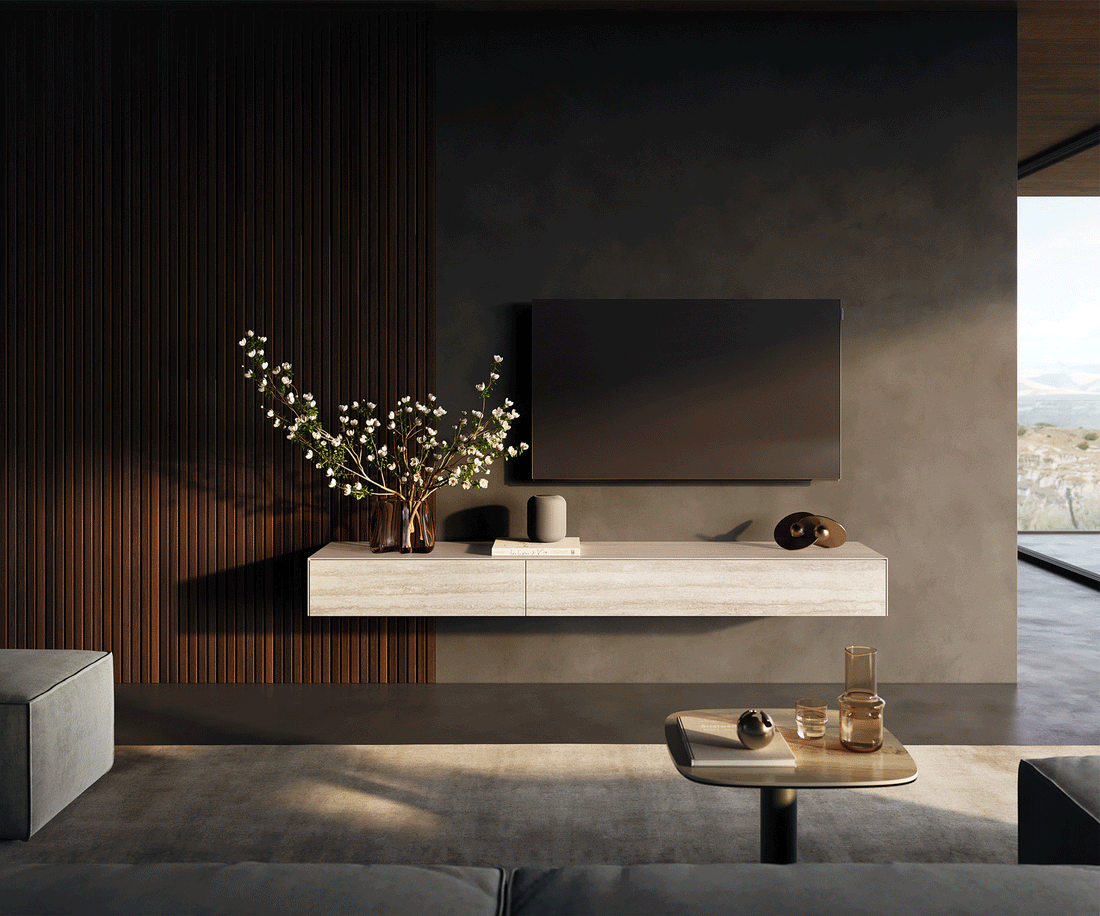 Floating TV Stand Cuor 200cm Ceramic Travertino Bianco 1 Flap Door 1 Drawer