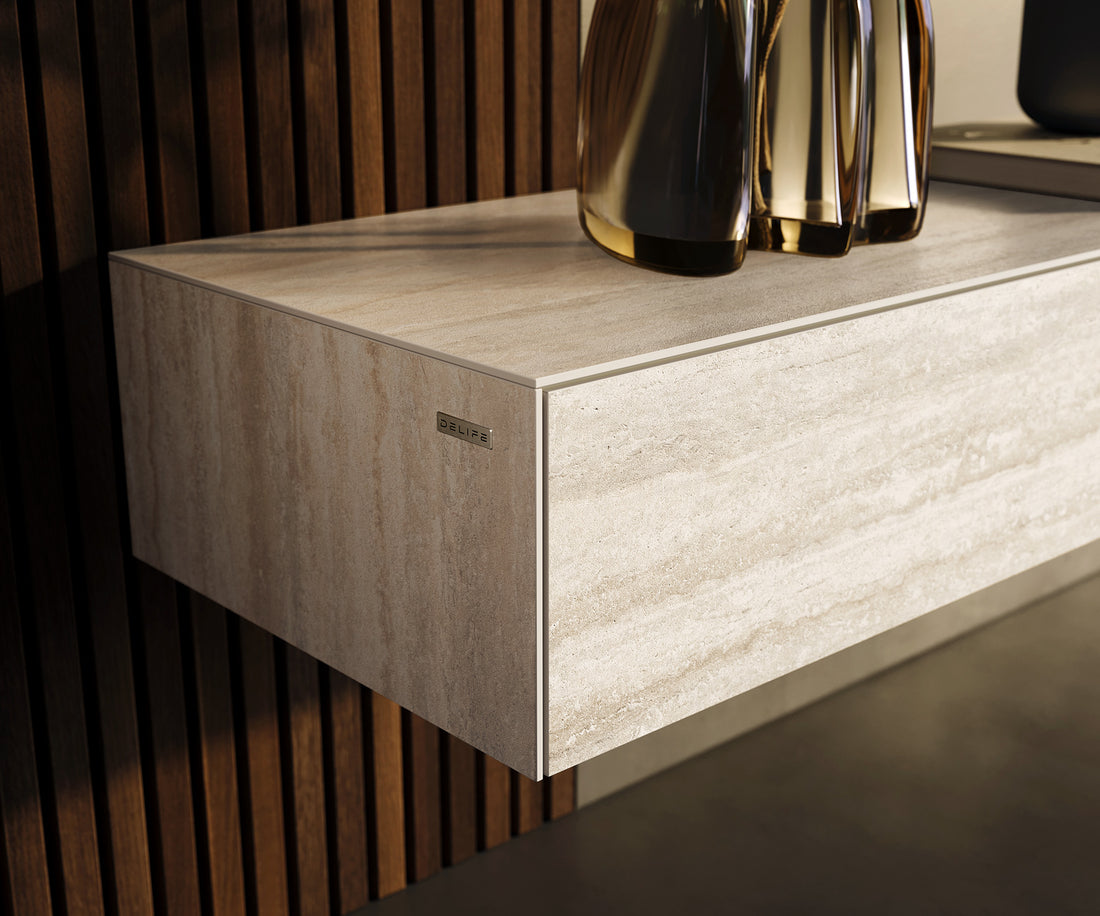 Floating TV Stand Cuor 200cm Ceramic Travertino Bianco 1 Flap Door 1 Drawer