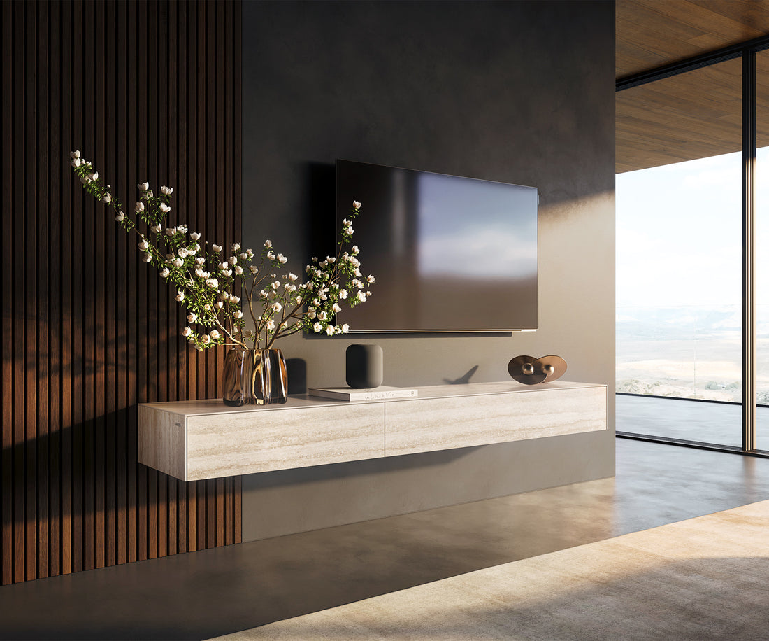 Floating TV Stand Cuor 200cm Ceramic Travertino Bianco 1 Flap Door 1 Drawer