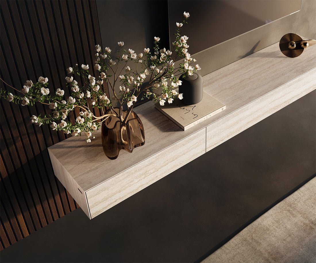 Floating TV Stand Cuor 200cm Ceramic Travertino Bianco 1 Flap Door 1 Drawer
