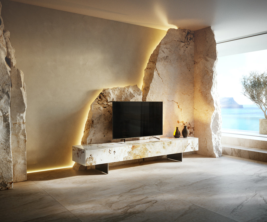 TV Stand Cuor 200cm Ceramic Minas Melange 1 Flap Door 1 Drawer Narrow Feet Silver