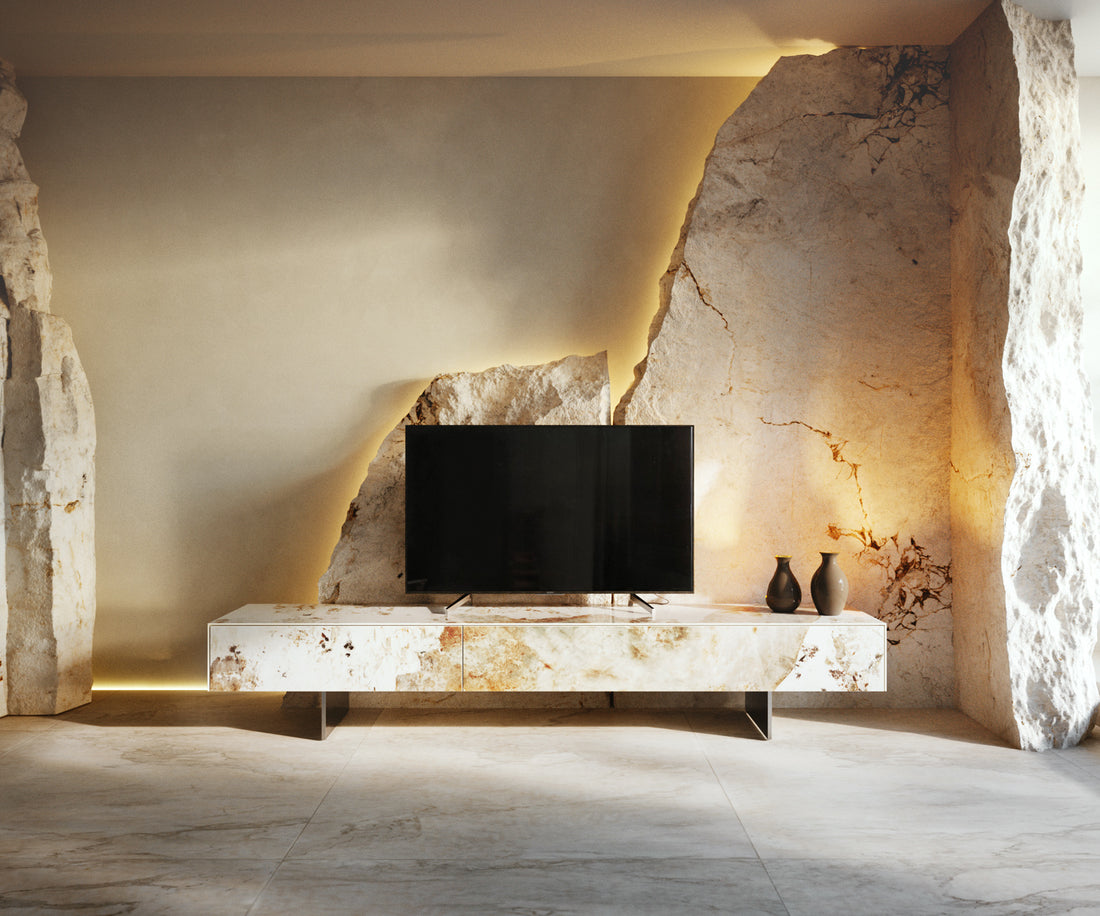 TV Stand Cuor 200cm Ceramic Minas Melange 1 Flap Door 1 Drawer Narrow Feet Silver