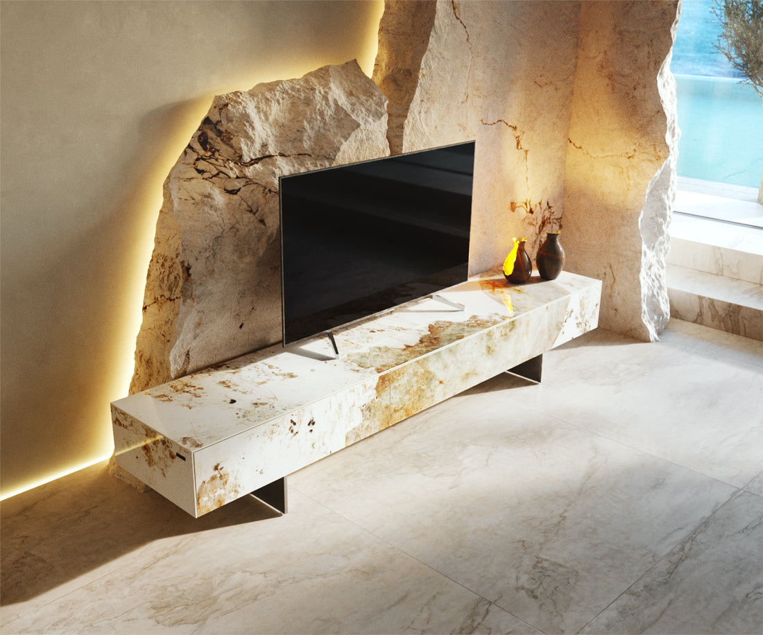 TV Stand Cuor 200cm Ceramic Minas Melange 1 Flap Door 1 Drawer Narrow Feet Silver