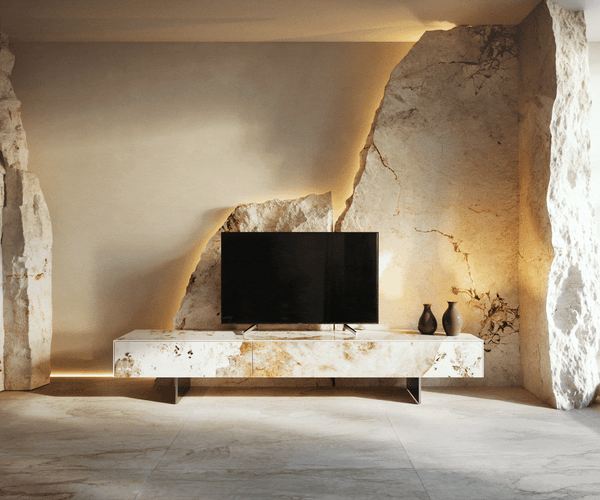 TV Stand Cuor 200cm Ceramic Minas Melange 1 Flap Door 1 Drawer Narrow Feet Silver