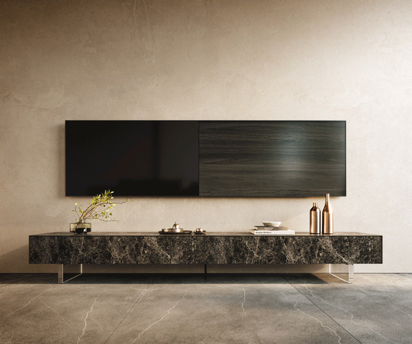 TV Stand Cuor 250cm Ceramic Emperador Extra Lucidato 1 Flap Door 1 Drawer Acryl Feet