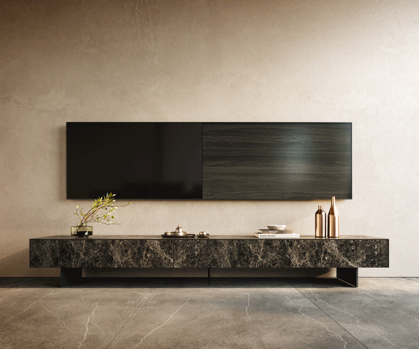TV Stand Cuor 250cm Ceramic Emperador Extra Lucidato 1 Flap Door 1 Drawer Narrow Feet Black