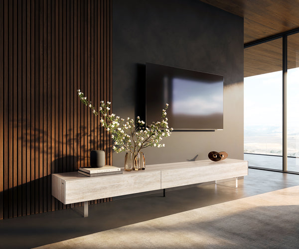 TV Stand Cuor 250cm Ceramic Travertino Bianco 1 Flap Door 1 Drawer Acryl Feet