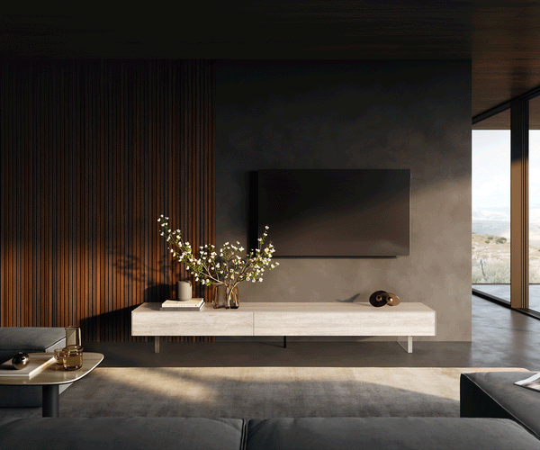 TV Stand Cuor 250cm Ceramic Travertino Bianco 1 Flap Door 1 Drawer Acryl Feet