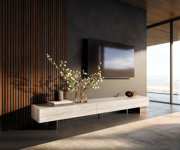 TV Stand Cuor 250cm Ceramic Travertino Bianco 1 Flap Door 1 Drawer Narrow Feet Black