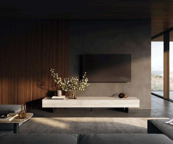 TV Stand Cuor 250cm Ceramic Travertino Bianco 1 Flap Door 1 Drawer Narrow Feet Black