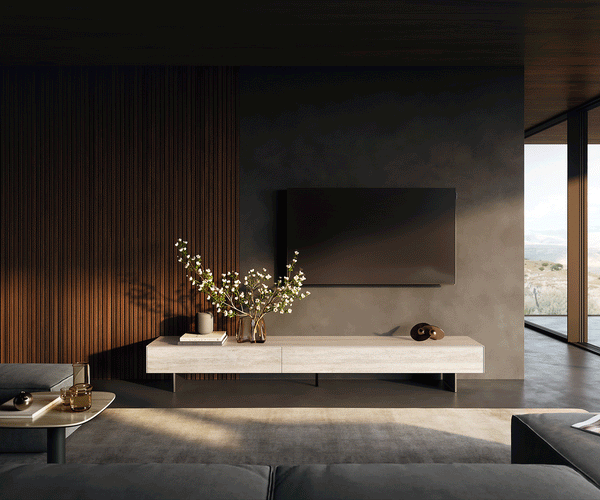 TV Stand Cuor 250cm Ceramic Travertino Bianco 1 Flap Door 1 Drawer Narrow Feet Silver