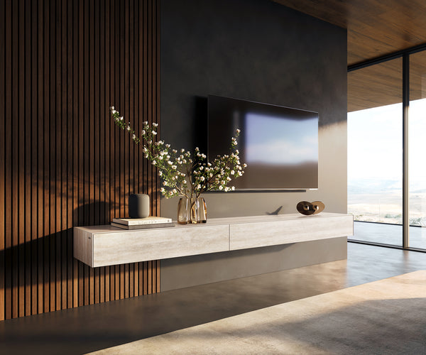 Floating TV Stand Cuor 250cm Ceramic Travertino Bianco 1 Flap Door 1 Drawer