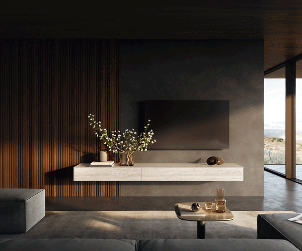 Floating TV Stand Cuor 250cm Ceramic Travertino Bianco 1 Flap Door 1 Drawer