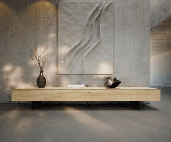 TV Stand Cuor 250cm Ceramic Sabbia Oak 1 Flap Door 1 Drawer Narrow Feet Black