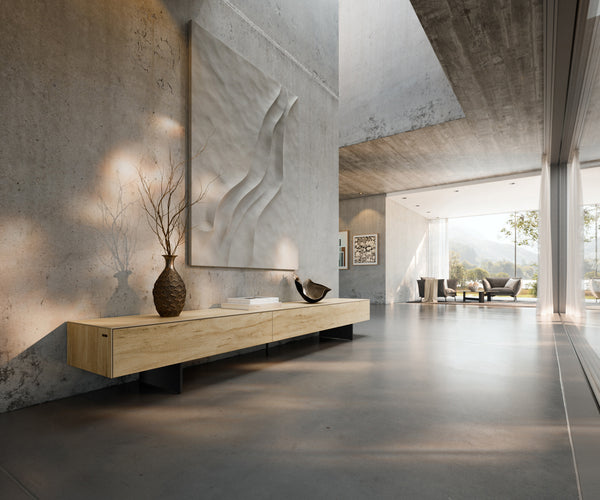 TV Stand Cuor 250cm Ceramic Sabbia Oak 1 Flap Door 1 Drawer Narrow Feet Black