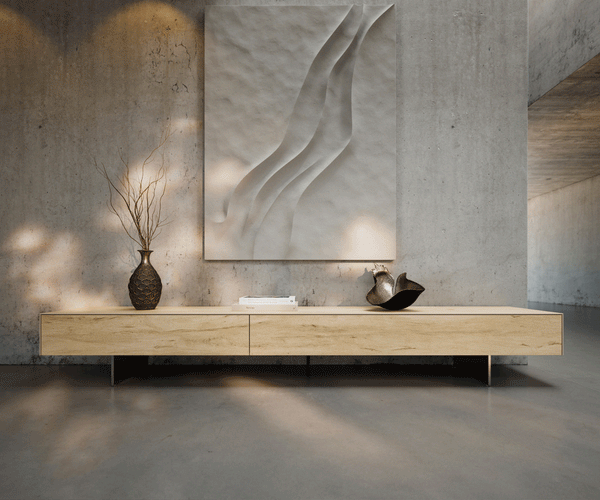 TV Stand Cuor 250cm Ceramic Sabbia Oak 1 Flap Door 1 Drawer Narrow Feet Silver