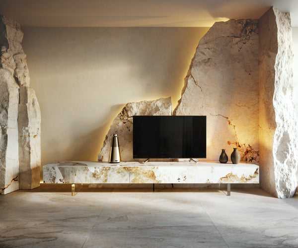 TV Stand Cuor 250cm Ceramic Minas Melange 1 Flap Door 1 Drawer Acryl Feet