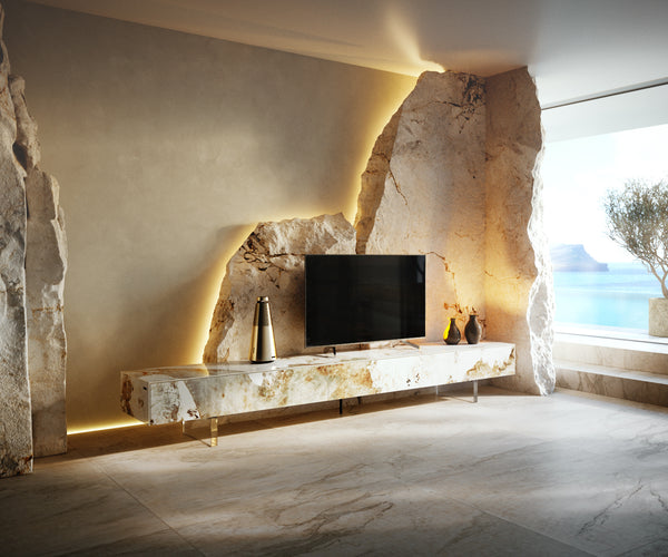 TV Stand Cuor 250cm Ceramic Minas Melange 1 Flap Door 1 Drawer Acryl Feet