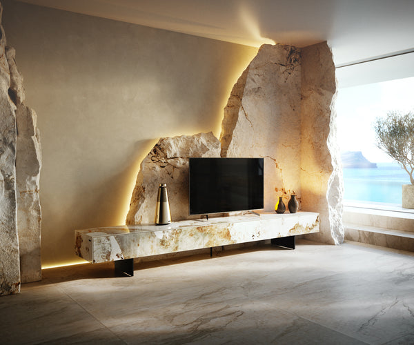 TV Stand Cuor 250cm Ceramic Minas Melange 1 Flap Door 1 Drawer Narrow Feet Black