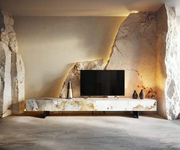 TV Stand Cuor 250cm Ceramic Minas Melange 1 Flap Door 1 Drawer Narrow Feet Black