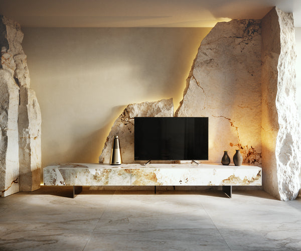 TV Stand Cuor 250cm Ceramic Minas Melange 1 Flap Door 1 Drawer Narrow Feet Silver