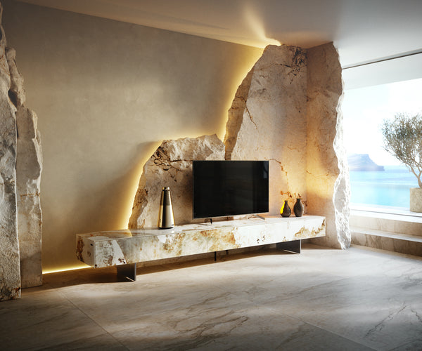 TV Stand Cuor 250cm Ceramic Minas Melange 1 Flap Door 1 Drawer Narrow Feet Silver