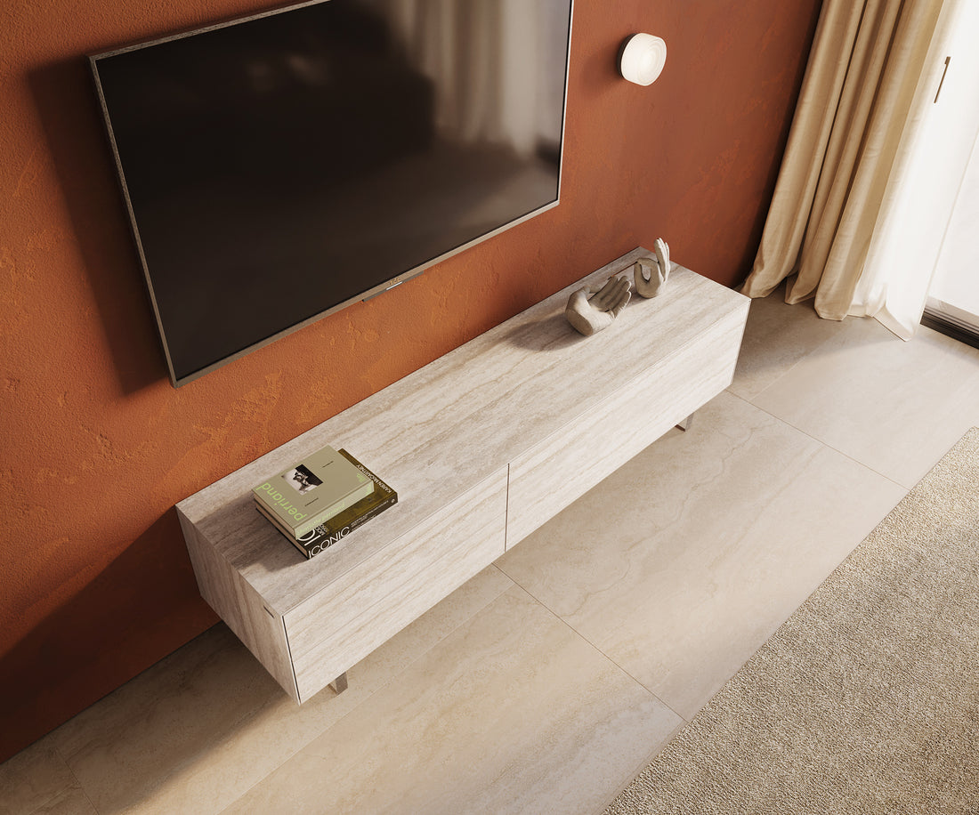 TV Stand Cuor 180cm Ceramic Travertino Bianco 1 Flap Door 2 Drawers Acryl Feet