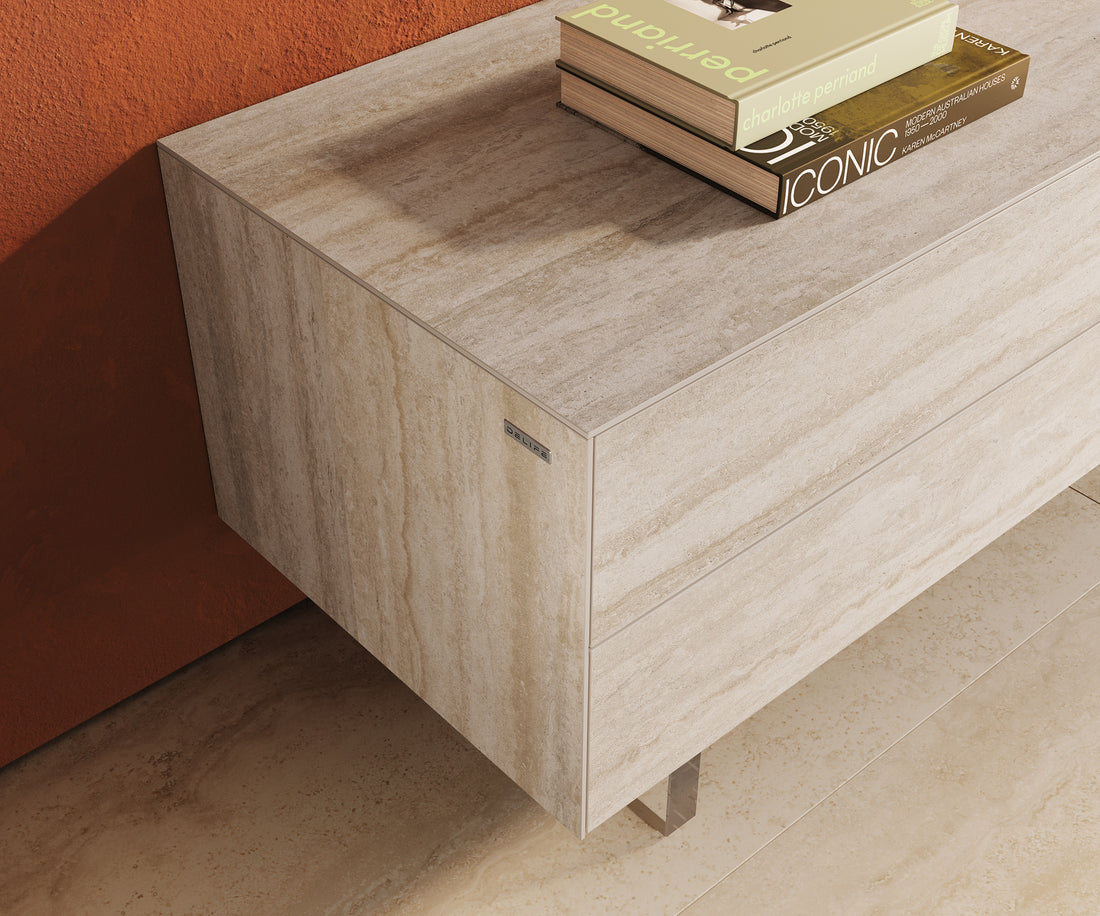 TV Stand Cuor 180cm Ceramic Travertino Bianco 1 Flap Door 2 Drawers Acryl Feet