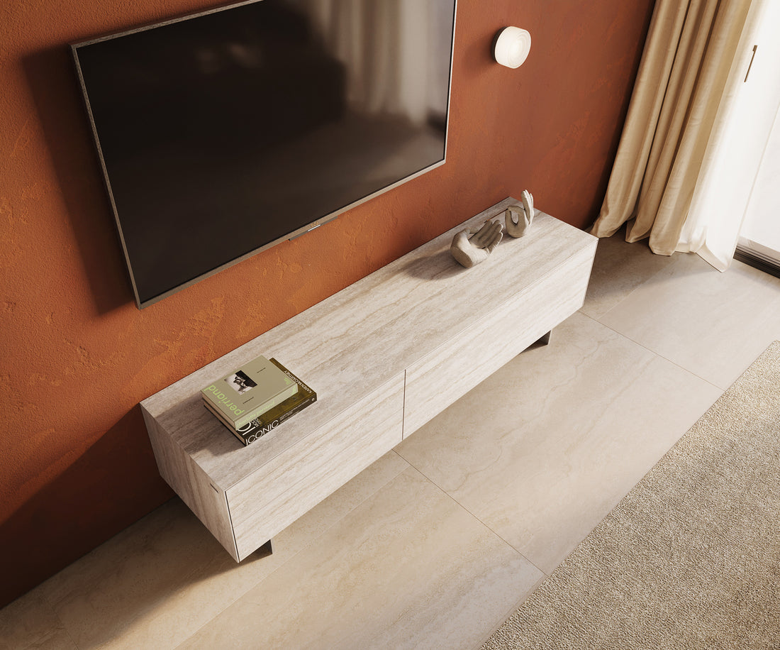 TV Stand Cuor 180cm Ceramic Travertino Bianco 1 Flap Door 2 Drawers Narrow Feet Silver