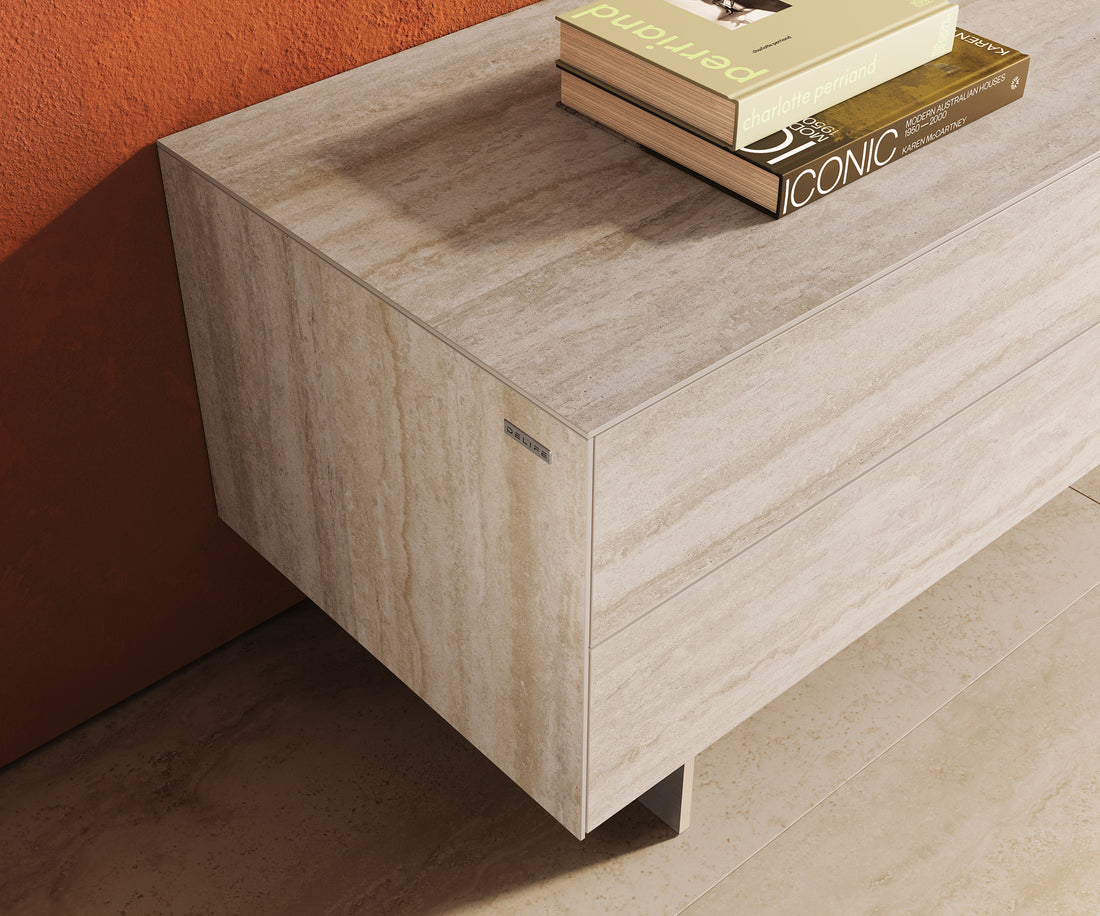 TV Stand Cuor 180cm Ceramic Travertino Bianco 1 Flap Door 2 Drawers Narrow Feet Silver